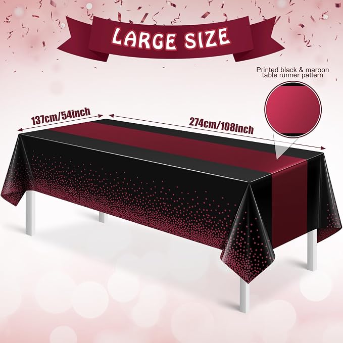 MASHAN 6Pcs Black Maroon Tablecloths, Rectangular Plastic Table Covers - Image 2