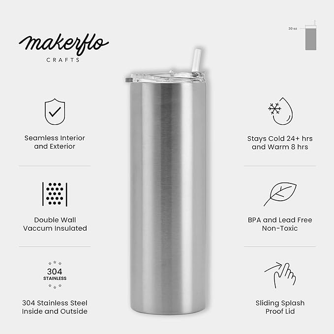 makerflo Silver 30 oz Skinny Stainless Steel Tumbler Pack of 25 with Lid & Straw | Craft-Ready for DIY Gifts & Personalization (Epoxy, UV DTF, Vinyl, and Laser Engraving) - Not for Sublimation