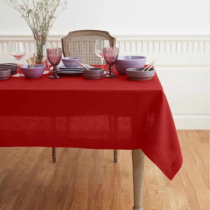 Solino Home Linen Red Tablecloth 60 x 108 Inch - 100% Pure Linen Rectangular Tablecloth - Machine Washable Table Cloth for Valentines, Winter - Fete