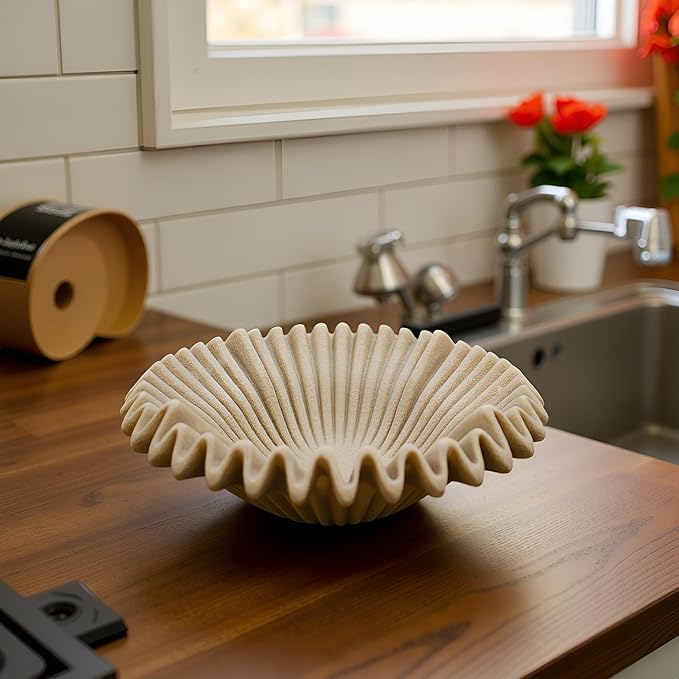 Large Decorative Bowl decor, Scalloped Pedestal Bowls for Modern Home Decor,Ruffle Decor,Stylish Key Bowl for Entry Table,Decorative Fruit Bowl for Kitchen Counter,Artificial Stone Beige