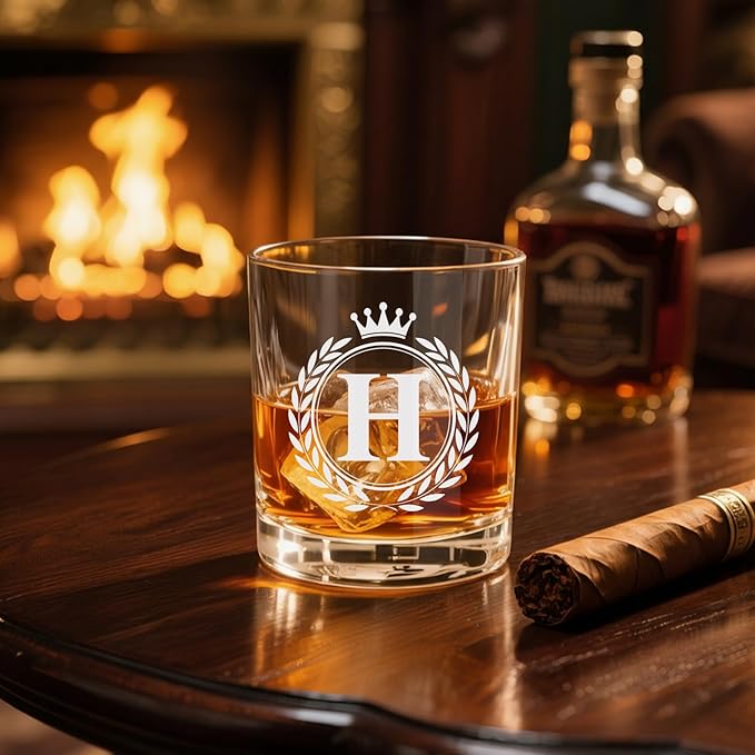 Whiskey Glasses - Rocks Old Fashioned Glass Gifts for Men, Monogrammed A-Z 10oz Personalized Whisky Glasses, Christmas Birthday Gifts for Men Him Dad Father Husband Brother Son (H)