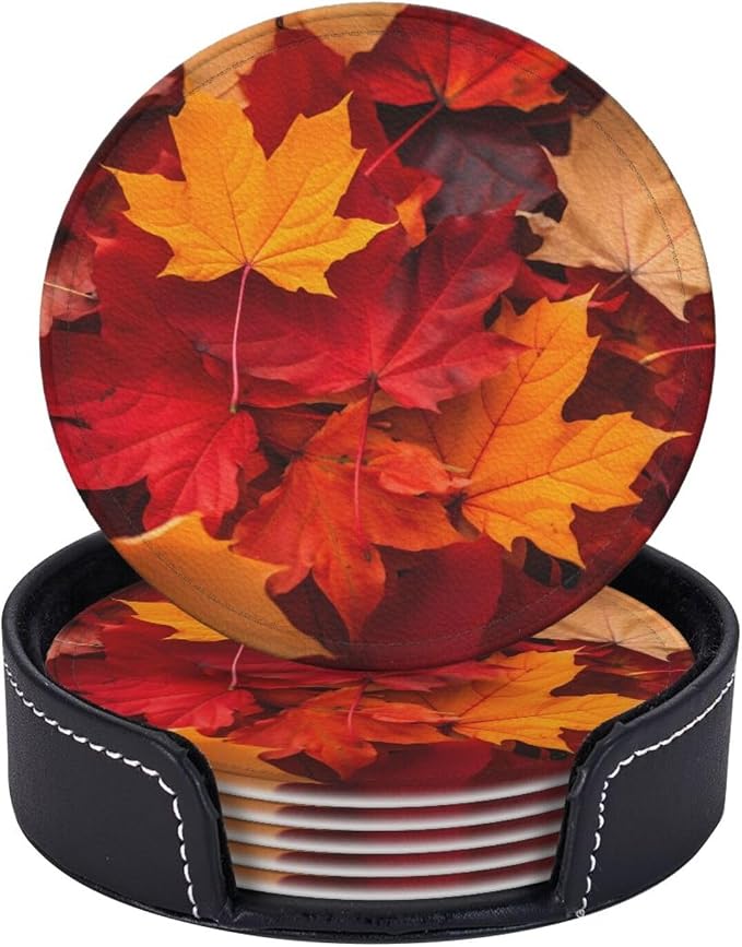 Autumn Fall Leaves Leather Coasters Set of 6 - Image 2