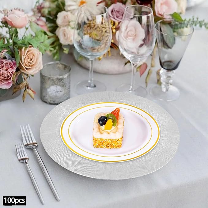 100 Pcs Antique Charger Plates Bulk, 13in Reusable Serving Plates Embossed Rim Plastic Party Dinner Plate Chargers Round Decorative Server Plate for Wedding Party Event Tableware