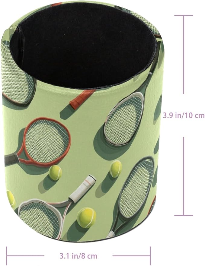 Leather Pen Holder for Desk, Tennis Balls Racket Painted Pencil Cup Pen - Image 3