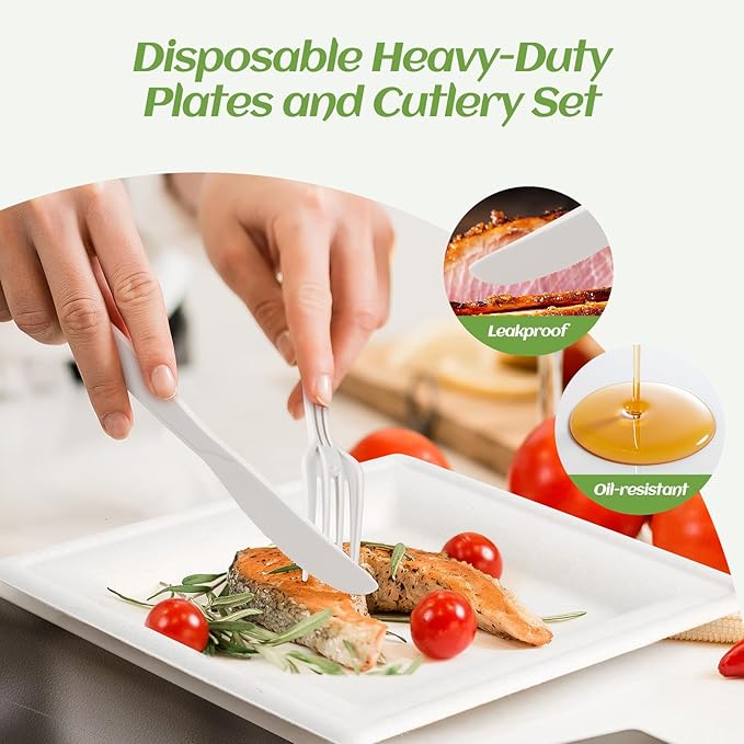 Compostable Disposable Paper Plates Set -[300 Pcs]10 inch 8 inch Heavy Duty Biodegradable Square Plates and Spoons,Forks,Knives,Napkins-Eco-Friendly Party Bulk