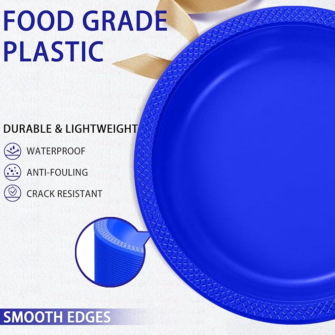 WELLIFE Royal Blue Party Plates 7 Inch -150 Count, Disposable Plastic Dark Blue Dessert Plates for Party Salad Cake Appetizer