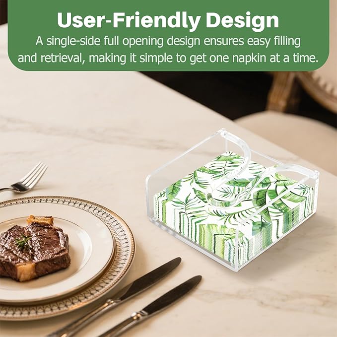Napkin Holder for Table, Acrylic Clear Napkin Holder 7"×7" with Weighted Arm & Non-Slip Base for Kitchen, Restaurant, Party & Outdoor Dining – Easy-Access Square Paper Napkin Dispensers