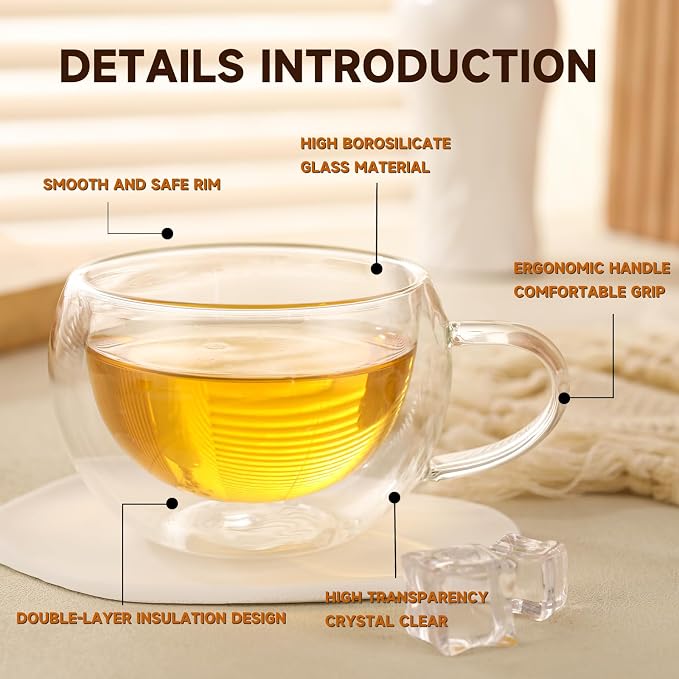 Double Wall Insulated Glass Tea Cups Set of 2, Glass Teacups Coffee Mugs - Image 6