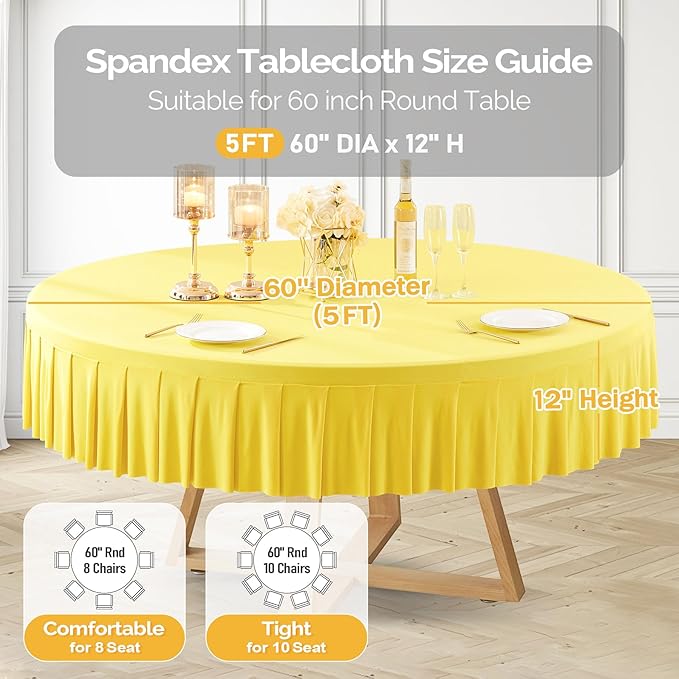 8 Pack Yellow Spandex Round Tablecloths for 60 inch Table, Stretchy Fitted 5FT Round Table Cloths with Skirt for Wedding Party Dining Banquet