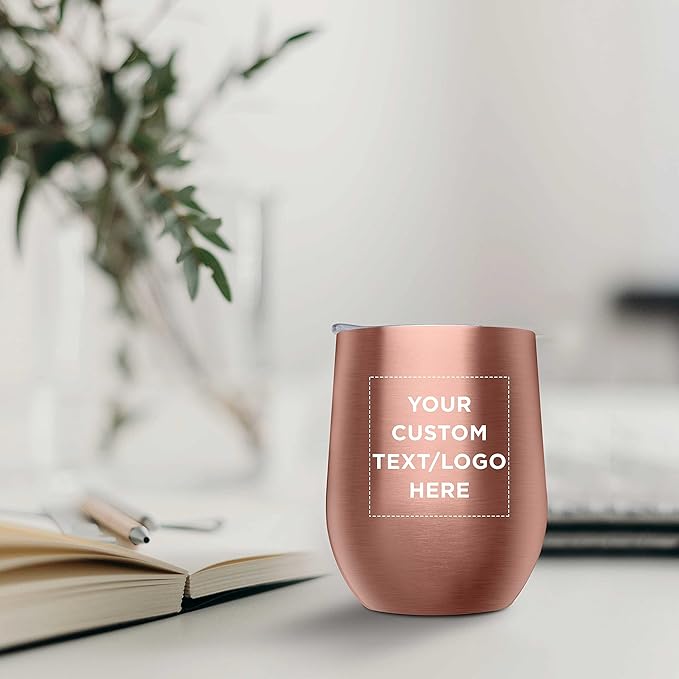 Custom Stemless Wine Glass Tumblers with Lids by Largo 11 oz. Set of 24, Personalized Bulk Pack - Perfect for Wine, Cocktails, Other Hot & Cold Beverages - Rose Gold