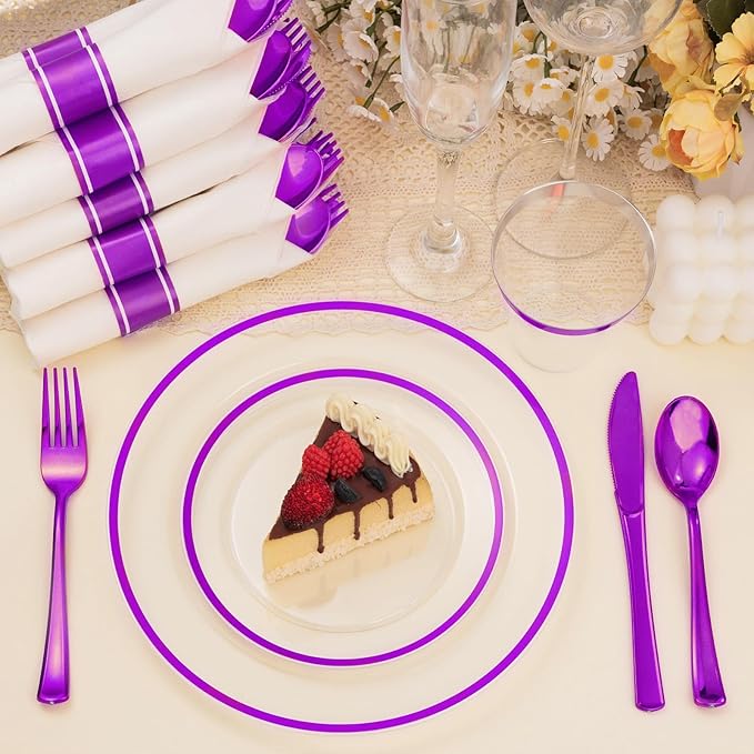 BESTSTAR 350PCS Clear and Purple Disposable Plates Set for 50 Guests, 100 Plastic Plates, 50 Plastic Cups, 50 Pre-Rolled Napkins with Cutlery for Party, Birthday, Wedding, Thanksgiving, Christmas