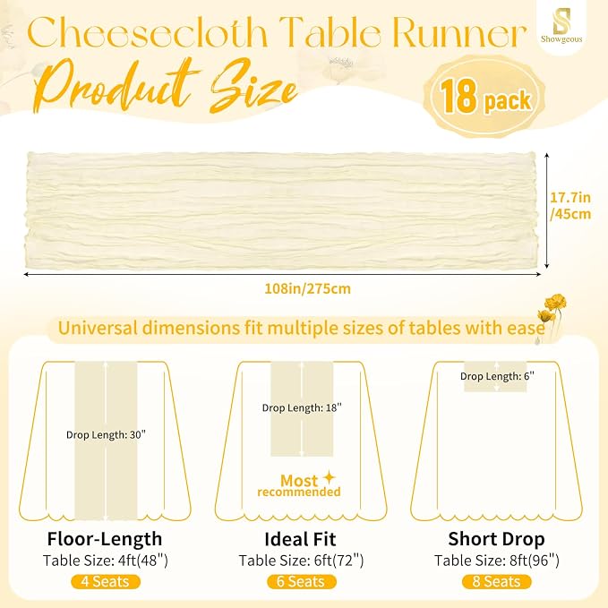 Showgeous 18 Pack Ivory Cheesecloth Table Runner, 17 x 108 Inches | Boho - Image 2