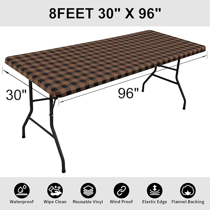 Smiry Rectangle Picnic Table Cloth, Elastic Waterproof Fitted Vinyl Tablecloths, Flannel Backed Buffalo Plaid Table Covers for Dining, Camping, Outdoor (Black and Brown, 30" x 96")
