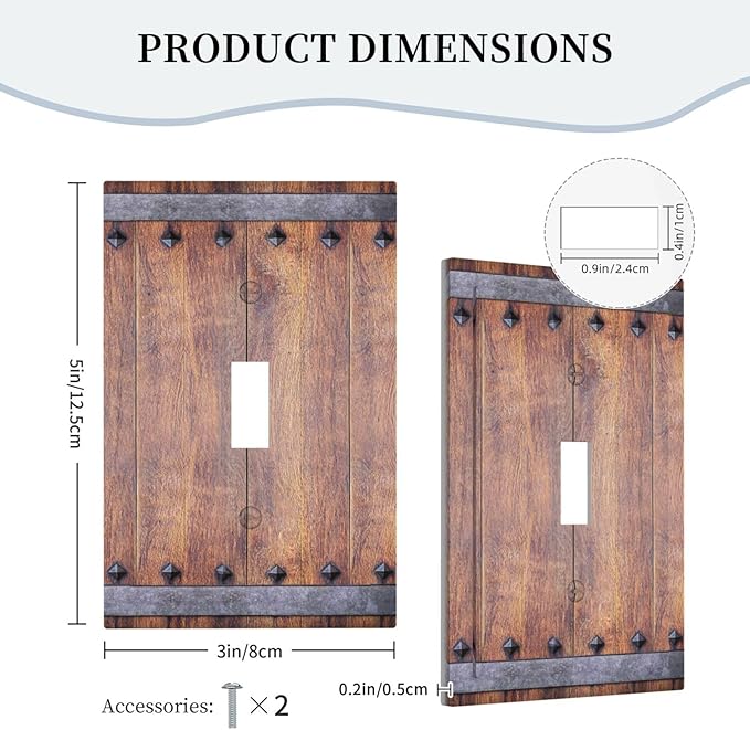 Decorative Light Switch Cover Rustic Farmhouse Barn Door Vintage Wood 1 Gang Wall Plate Cover Single Toggle Outlet Covers Switchplate Electrical Faceplate for Bathroom Cabin Decor（2 Pack）