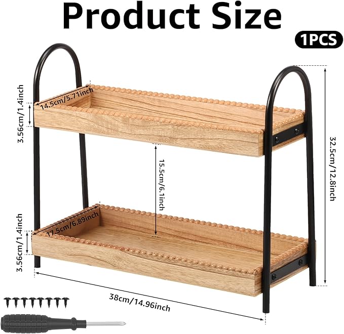 Wood 2 Tier Countertop Organiser, Bathroom Kitchen Counter Shelf Rack Caddy Tray, Small Wood Organization Shelves, Perfume Makeup Counter, Countertop Skincare Display Shelf for Sink Coffee Bar