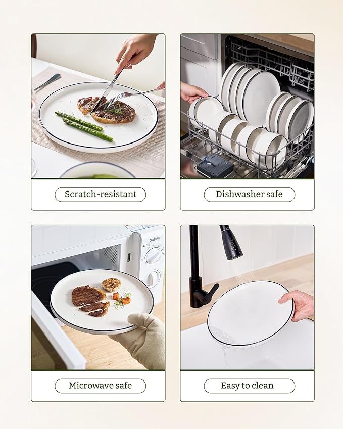 Famiware Porcelain Dinnerware Set, 24-Piece Modern Plate and Bowl Set, dish set for 8, Microwave and Dishwasher Safe Tableware, White with Blue Trim