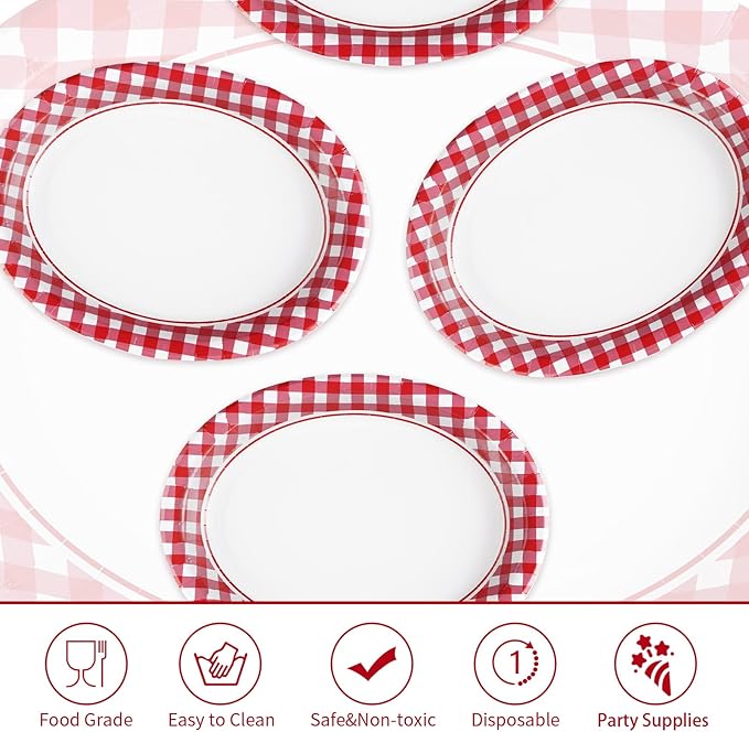50Pcs Gingham Oval Paper Plates 10" x 12" Large Disposable Heavy Duty Valentine‘s Day Red and White Buffalo Checked Plaid Paper Dessert Platter Plates for Valentines Day Picnic Birthday Party Supplies