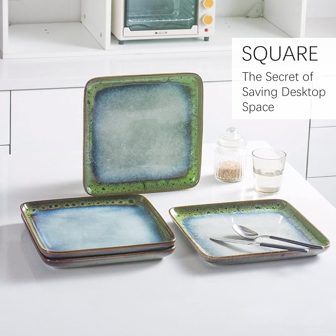 HENXFEN LEAD Square Ceramic Dinner Plates 11 Inch – Large Stoneware Serving Plates Set of 4 for Steak, Pasta & Salad, Microwave & Dishwasher Safe – Reactive Glaze Green
