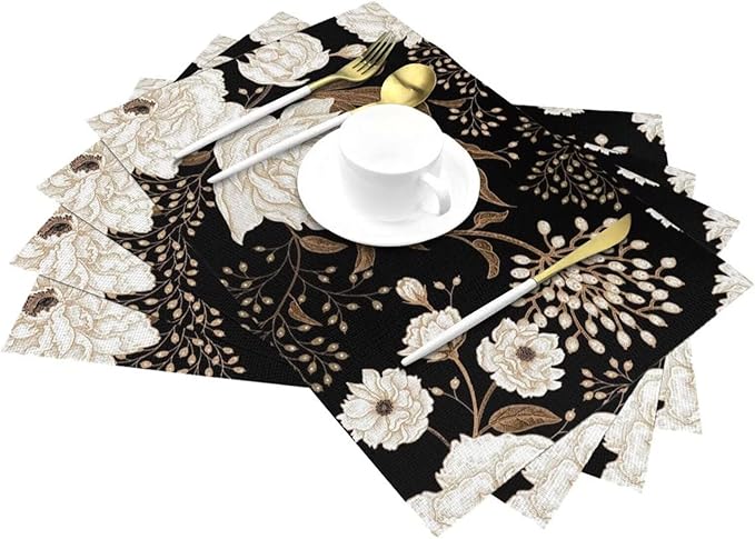 Placemats Set of 6 Vintage Peony Place Mats Beige Floral Leave Rustic Black Woven Table Mats Washable Beige Flower PVC Placemat for Dining Kitchen Decor Indoor Outdoor, 12 x 18 Inch