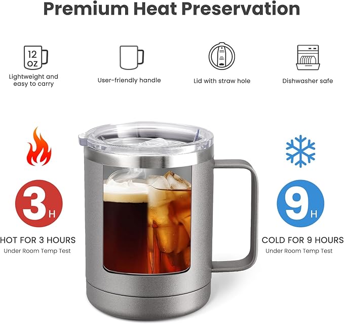 MEWAY 12oz Coffee Mug With Handle and Sliding Lid, Stainless Steel Travel - Image 3