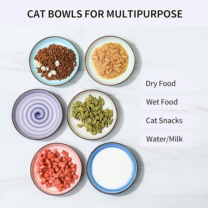 Selamica Ceramic Cat Food Bowl, 6 Inch Cat Bowls Whisker Friendly, Shallow Wide Kitten Plates for Food and Water, Set of 6, Gradient Color