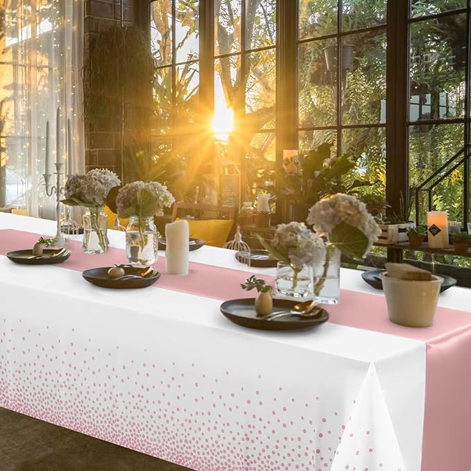 8Pack Disposable Plastic Tablecloths and Satin Table Runner Set White and Rose - Image 7