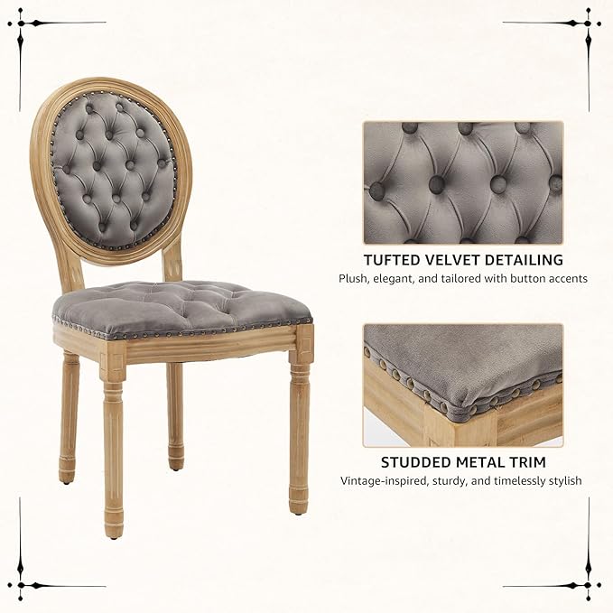 Vintage French Dining Chairs Set of 2, Round Back Velvet Upholstered Accent Chairs with Nailhead Trim and Solid Wood Frame, Elegant Sillas de Comedor for Dining Room & Kitchen, Gray