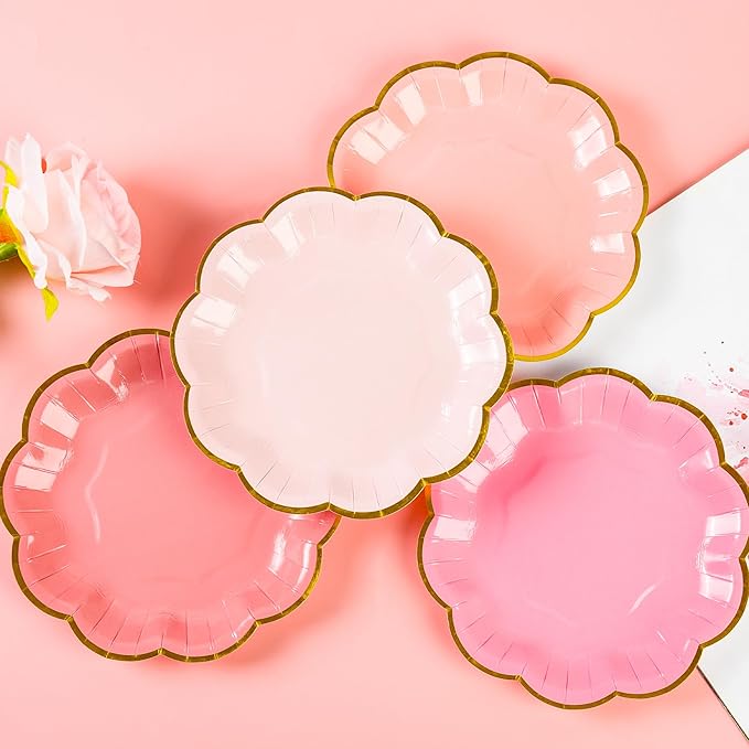 Pink Party Plates Gradient Pink Dessert Paper Plates 7inch Gold Foil Scalloped Edge Disposable Cake Plates for Valentines Day Birthday Bridal Baby Shower Wedding Party Supplies (48)