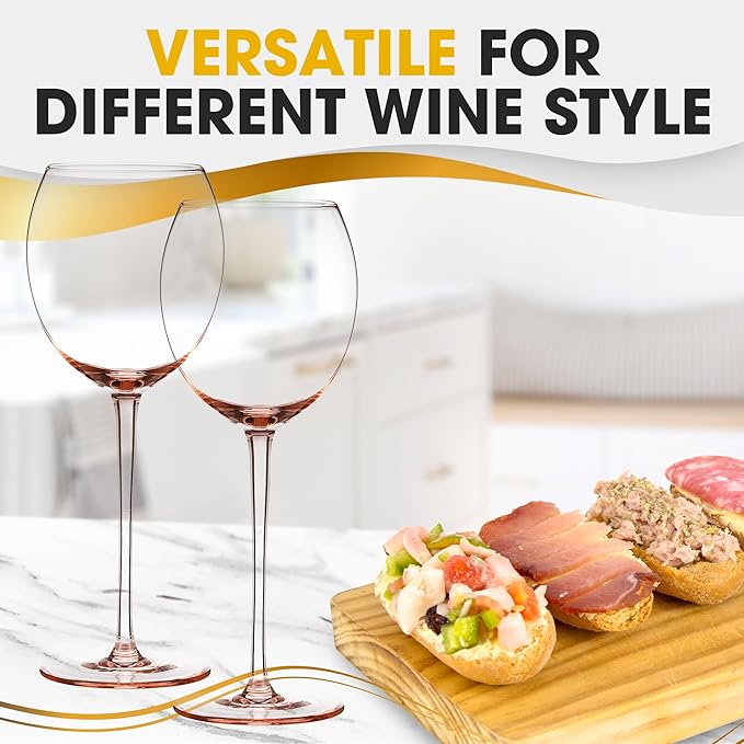 Colored Red Wine Glasses Set of 2 - Elegant Long Stem Wine Glass - 13.3oz (Rose Pink)