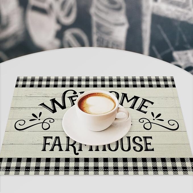 Vintage Farmhouse Placemat Set, Rustic Minimal Black White Check Inspirational Quotes Sketch Sunflower Pattern Home Decoration Linen Table Mats for Dining Room Kitchen Party (17x12in) x4P