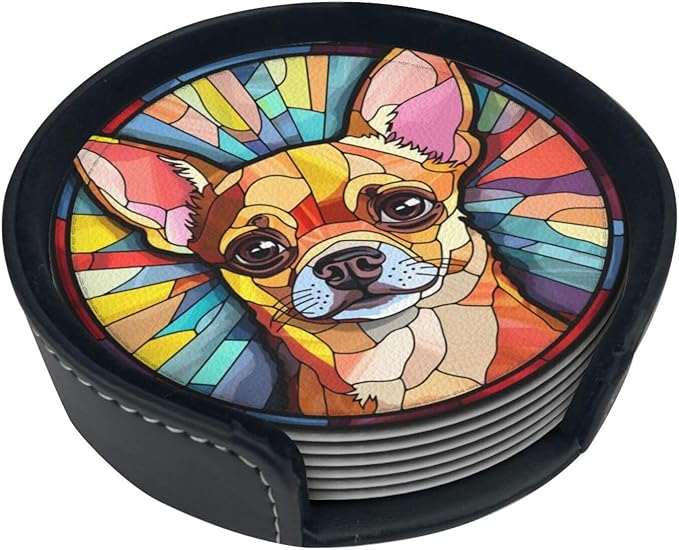 Drink Coaster Set of 6, Chihuahua Dog Mom Lover Gift,Leather Drink Coasters with Holder,6 Pack Cup/Bar/Drink Coasters for Table/Drinks/Coffee Protection Housewarming Gift