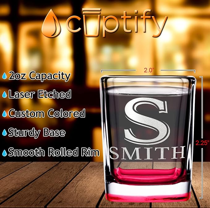 Personalized Square Shot Glasses Set of 25 Red Bottom 2oz Engraved Initial and Name Custom Gifts, Weddings, Birthdays, Party, Event, Decorations