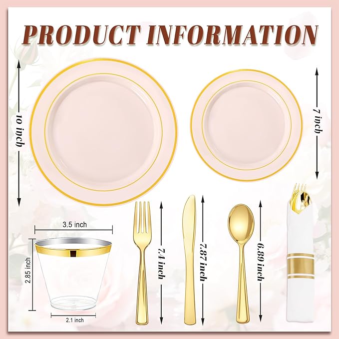 350PCS Pink Disposable Plates - Pink Plastic Plates 50Guests Plastic Dinnerware Sets with Rolled Napkins for Wedding/Birthday/Baby shower/Easter