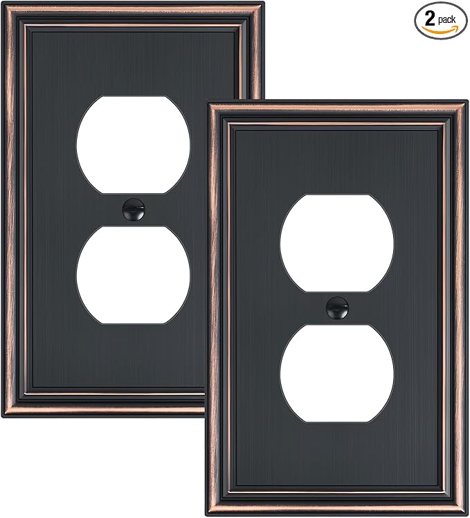 2-Pack Single Duplex Outlet Cover Plate, Decorative Aged Bronze Switch Plates and Outlet Covers, Metal Wall Plates for Electrical Outlets, 1 Gang Receptacle Cover, Corrosion Resistant