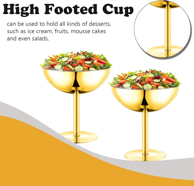 Ice Cream Bowls Stainless Steel Dessert Cups with Spoons Reusable Footed Sundae Cups Ice Cream Cups for Dessert, Frozen Yogurt, Gelato, Birthday Party Decorations (2, Glod)
