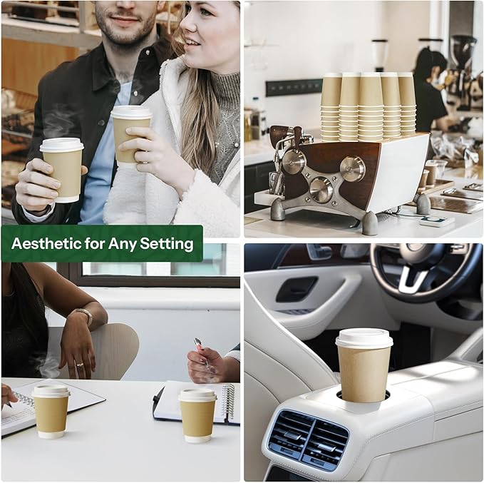 Disposable Coffee Cups with Lids 12 oz To Go Hot Cups,120 Pack Compostable Paper Cups with Lids, BPI Certified PLA Coated Natural Kraft Insulated Disposable Cups for Togo Office Coffee Bar Travel Home