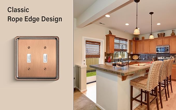 Henne Bery Rope Edge Decorative Wall Plate Switch Plate Outlet Cover (Double Toggle, Antique Copper)