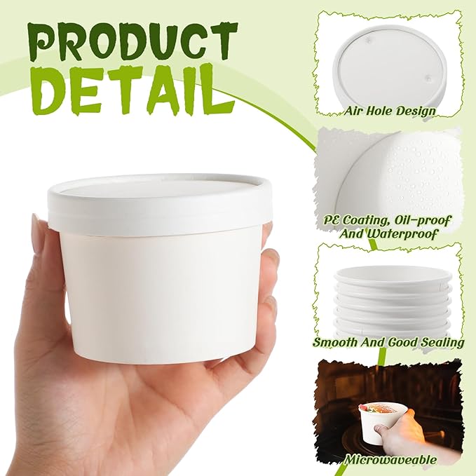 Fulmoon 100 Pack Paper Soup Containers with Lids Disposable Paper Food Containers with Vented Lid Kraft Ice Cream Cake Dessert Cups Soup Bowl for Party Hot Food Fruit Microwave(8 oz,White)