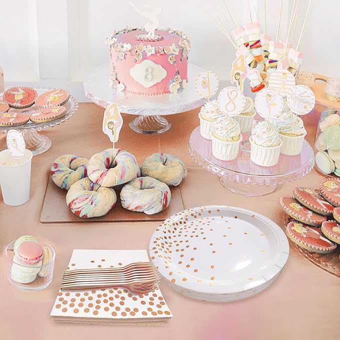 Serves 35 Guests White and Rose Gold Party Supplies,White and Rose Gold Birthday Paper Plates and Napkins,7" Disposable Party Dinnerware for Women