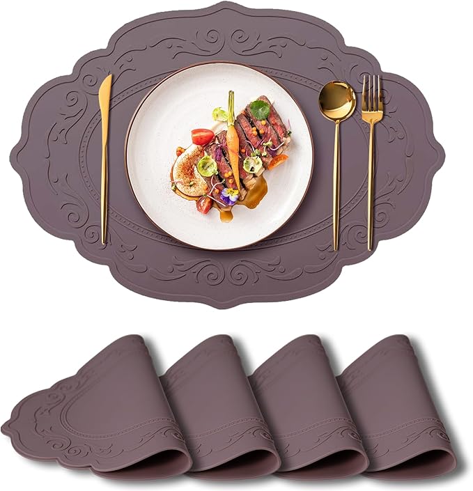 Silicone Placemat Set of 4, Oval Heat Resistant Non-Slip Mats, Waterproof Placemat, Foldable Placemats, Easy to Clean Silicone Table Mat by Siliconty(4, Cameo Brown)