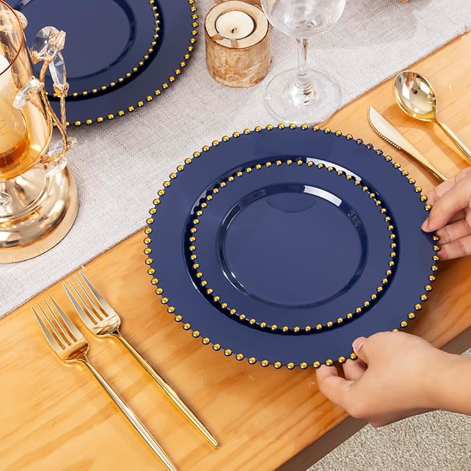 EI 60pcs Dark Blue Plastic Plates with Gold Rim Disposable,Blue Plastic Plates Disposable for Party,Heavy Duty 10" Dinner & 7" Dessert Plate Fancy Elegant Plate for Wedding,Birthday,Afternoon Tea