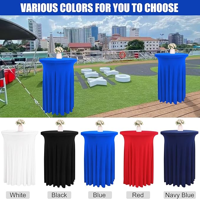 4 Packs 32 x 43 Inch Spandex Round Cocktail Table Skirts Spandex Cocktail Table Covers with Wavy Drapes Stretch Cocktail Tablecloth Fitted High Top Tables for Wedding Bar Party Banquet (Royal Blue)