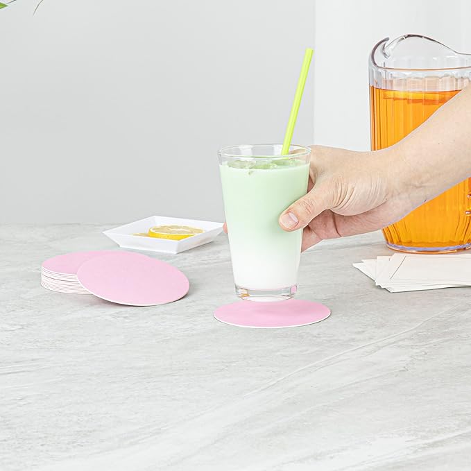 Restaurantware Paper Coasters 100 Pack of 4 Inch Disposable Beverage Coasters Absorbent for Hot and Cold Drinks Pink Coffee Cup Essentials for Table Decor, Kitchen, Home Patio or Living Room