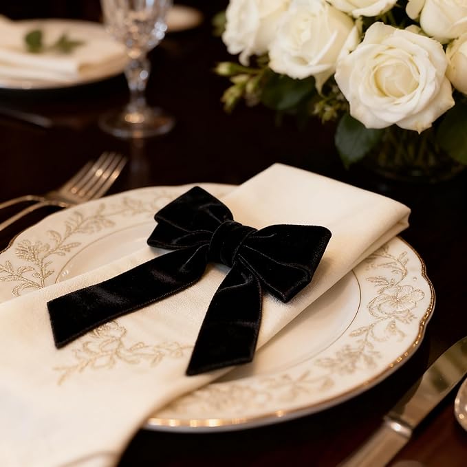 Bow Napkin Rings Set of 12 Luxury Soft Black Velvet Napkin Holders, Elegant Bow Design for Christmas Holiday Dinner Wedding Party Table Decor