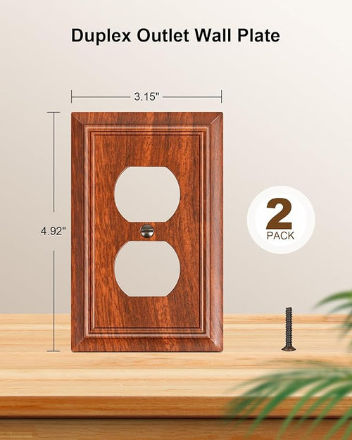 2-Pack Duplex Outlet Cover Plate, Decorative Wood Grain Switch Plates and Outlet Covers, Natural Bamboo Fiber Wall Plates for Electrical Outlets, 1 Gang Receptacle Cover, Corrosion Resistant
