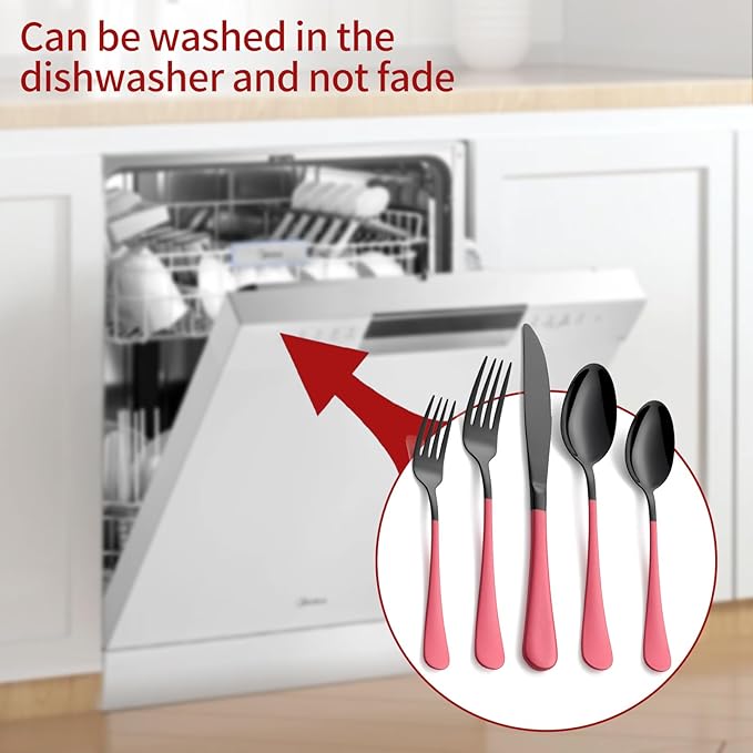 20-Piece Pink Silverware Set 18/0 Stainless Steel Black Silverware Set Yellow Handle Cutlery Black Set Service for 4 Dinner Knives Forks Spoons Set Flatware Set Finish Dishwasher Safe