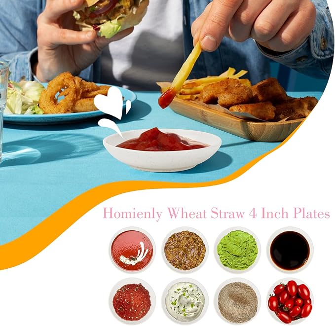 Plastic Dipping Plate Set of 8 - 4 inch Wheat Straw Plates,Soy Sauce Dish,Dipping Bowls,Small Serving Bowls for Side Dishes, Mini Appetizer Plates for Side Dishes,Condiment,BBQ and Party Dinner-White