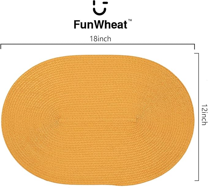 FunWheat Oval Braided Placemats Set of 4 Table Mats for Dining Tables Washable Heat Resistant Place Mats for Indoor Outdoor Use 12 x18 Inch(Oval Pumpkin Yellow, 4pcs)