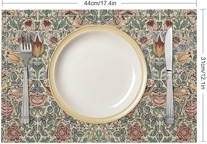 William Morris Placemat Set, Beige Blue Pink Vintage Rustic Art Exotic Ethnic Floral Bird Seamless Pattern Home Decor Linen Table Mats for Dining Room Kitchen Party (17x12in) x4P