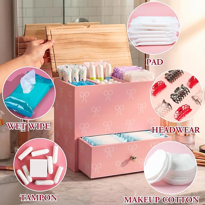 Pink Bow Tampon Holder for Bathroom Wood Feminine Product Organizer with Drawer and Lid Pad and Tampon Organizer Bathroom Accessories Storage Box for Pink Bow Washroom Period Box